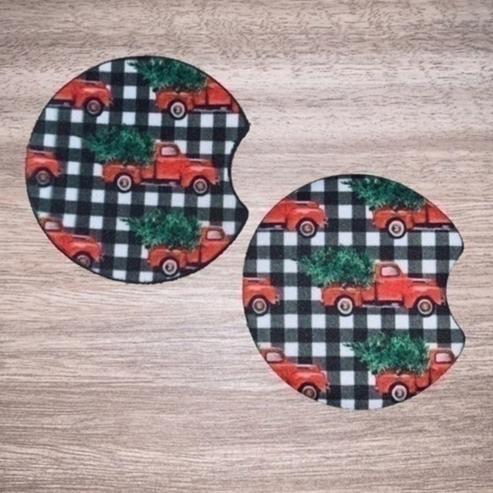 Holiday red truck/ plaid gingham print car coasters 2pack new